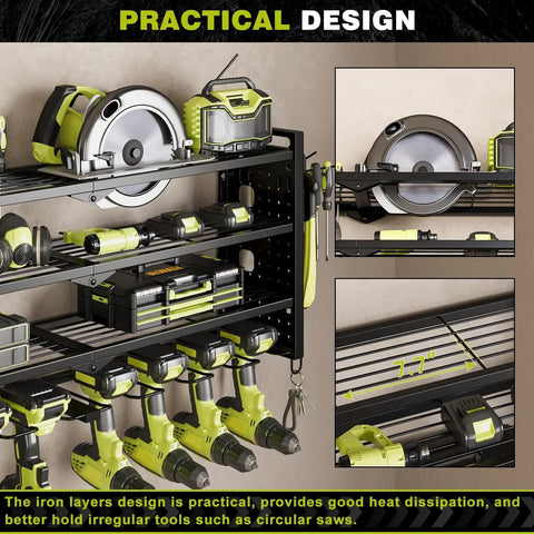 Power Tool Organizer Wall Mount With Four Layers And Eight Drill Holders Heavy Duty Cordless Drill Organizer For Your Garage Or Workshop Space Saving Rack In Black with tools displayed on shelves.