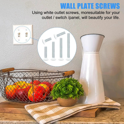 130 Pack White Outlet Screws Set For Wall Plates And Switch Plates with 6-32 Thread displayed with decor items.