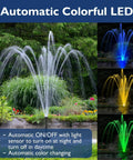 Pond Fountain Pump Kit With Automatic Colorful LED Lights For Outdoor Ponds, 880GPH, shown in garden setting with spray patterns