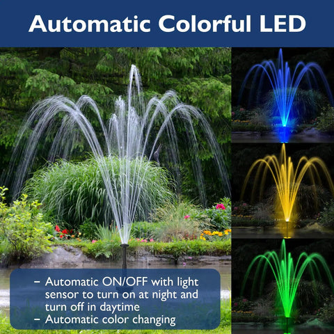 Pond Fountain Pump Kit With Automatic Colorful LED Lights For Outdoor Ponds, 880GPH, shown in garden setting with spray patterns