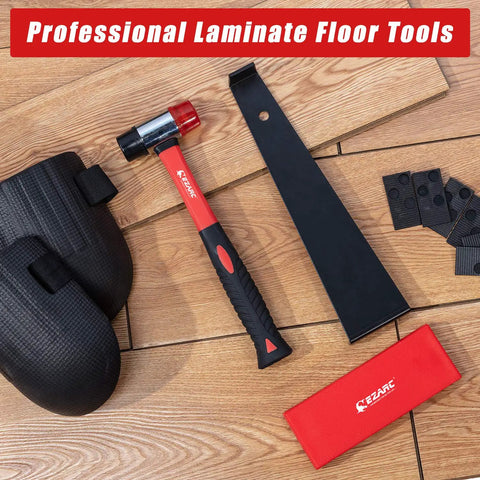 64 Piece Pro Grade Laminate Flooring Installation Kit with reinforced mallet, heavy-duty pull bar, and foam kneepads on wood surface