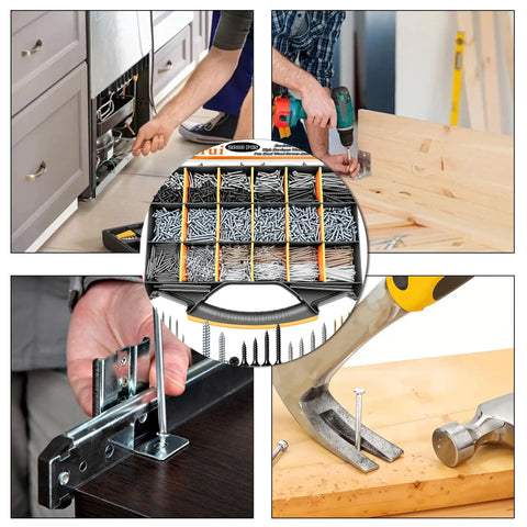 DIY Fastener Kit With Storage Box, 2000 Plus Pieces Galvanized Carbon Steel Nails, Wood Screws, For Home Projects, Picture Hanging