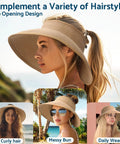 Women's Wide Brim Packable Straw Hat With Ponytail Opening for Beach and Travel, showing variety of hairstyles, khaki color