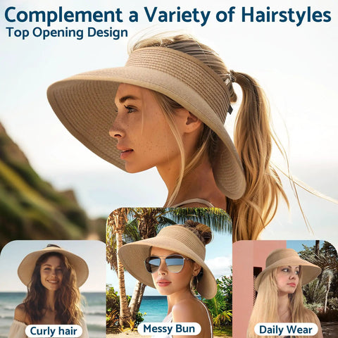 Women's Wide Brim Packable Straw Hat With Ponytail Opening for Beach and Travel, showing variety of hairstyles, khaki color