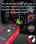 No Fuss Tpms Reset Tool For Universal Vehicle Tire Pressure Sensor Activation And OBD2 Programming in red, with sensor activation indicator.