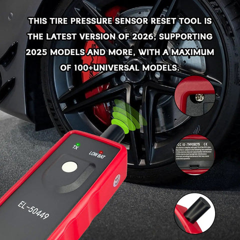 No Fuss Tpms Reset Tool For Universal Vehicle Tire Pressure Sensor Activation And OBD2 Programming in red, with sensor activation indicator.