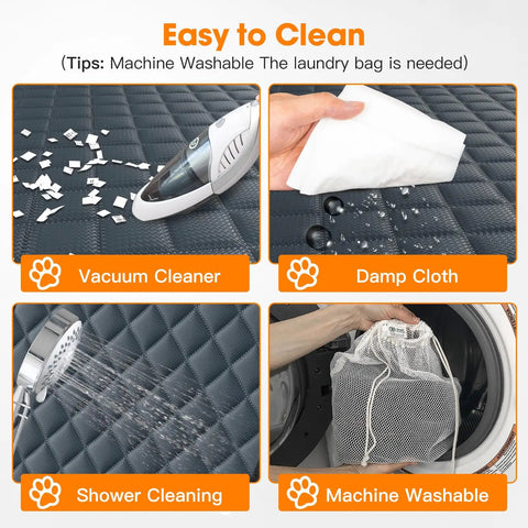Waterproof Dog Car Seat Cover Back Seat Protector for Cars Trucks and SUVs With Nonslip Surface Includes One Dog Seat Belt Grey 53W x 47L easy cleaning methods displayed