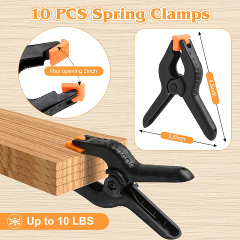 Heavy Duty 4.5 Inch Plastic Spring Clamps Set of 10 Backdrop Clips for Balloon Arches, Photography, Woodworking, Crafts, Tarp, Studio or Outdoor Use, Tough Grip Black Clips holding wood
