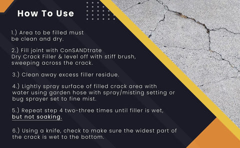 Instruction guide for using Concrete Crack Filler Gray 3 Lb Polymer Based Sealant For Filling Cracks In Driveways Walkways And Patios.