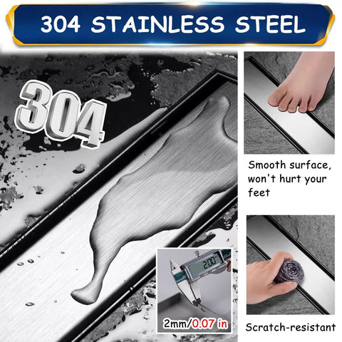 Sleek Tile Flush Linear Shower Drain With Ultra Fast Drainage And Rock Solid 304 Stainless Steel Build Designed To Handle Heavy Daily Traffic In Your Modern Bathroom Space, showing smooth surface and 2mm thickness.