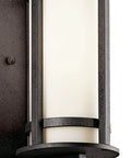 Close-up of the Outdoor Wall Light With Opal Etched Glass In Anvil Iron Finish, modern lantern style, 11 inch tall, weatherproof.