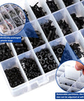 Close-up of All In One 1500-Piece M2 To M5 Screws Assortment Kit with black hex head bolts, nuts, and washers in storage box.