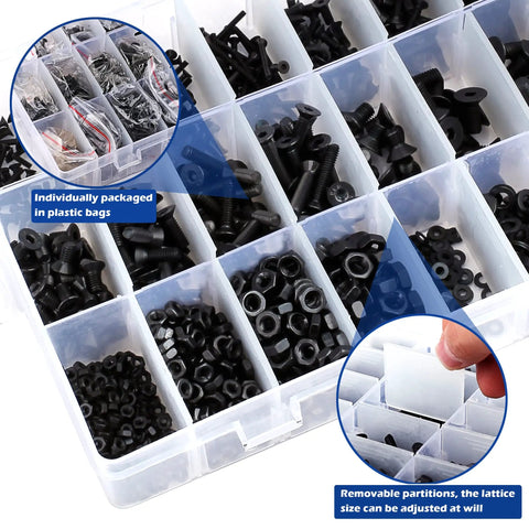 Close-up of All In One 1500-Piece M2 To M5 Screws Assortment Kit with black hex head bolts, nuts, and washers in storage box.