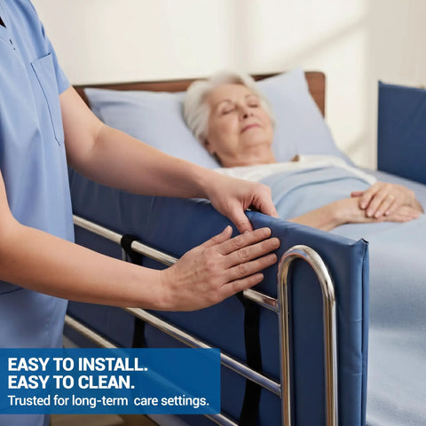 Vinyl Bed Rail Pads 60 Inch Long By 15 Inch High Reinforced 2 Inch Thick with elderly patient in healthcare setting