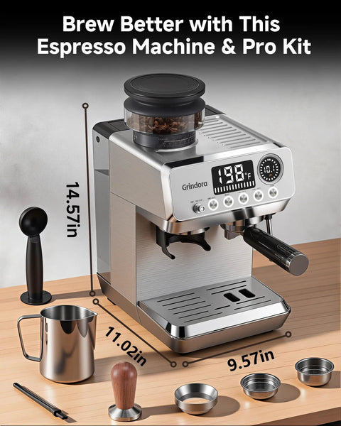 Next Level Semi Automatic Espresso Machine With Built In Conical Burr Grinder, 20 Bar Pressure, 44 Precision Grind Steps, And Quick Milk Frother For Cranking Out Barista Grade Shots Daily At Home on a wooden table.