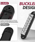 Marine Grade 12 Volt Bus Bar Power Distribution Block with One Quarter Inch Stud and Twelve Terminal Screws, side view.
