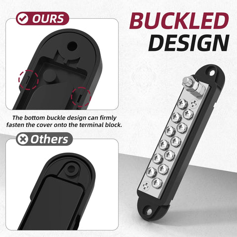 Marine Grade 12 Volt Bus Bar Power Distribution Block with One Quarter Inch Stud and Twelve Terminal Screws, side view.