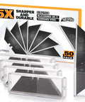 50 Pack Utility Knife Blades With Blackened SK-5 Steel For Box Cutters, rust resistant, displayed with storage case