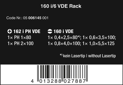 Label showing details of Kraftform Plus 160i/6 Insulated Pro Screwdriver Set 6 Piece, including types, sizes, and barcode.