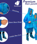 Extra Thick Rain Ponchos Family Pack With Shoe Covers Included 10 Pack For Rainy Days And Outdoor Adventures Keeps You Dry And Shoes Clean With Anti Slip Elastic Closure No Sweat, featuring adult and child in blue ponchos with shoe covers.