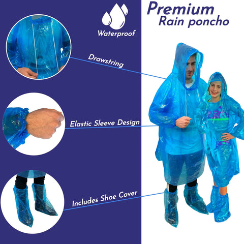 Extra Thick Rain Ponchos Family Pack With Shoe Covers Included 10 Pack For Rainy Days And Outdoor Adventures Keeps You Dry And Shoes Clean With Anti Slip Elastic Closure No Sweat, featuring adult and child in blue ponchos with shoe covers.