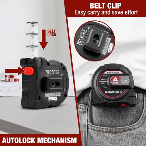 2-in-1 Laser Tape Measure With 215 Ft Laser Distance Meter And 16 Ft Manual Tape For Quick Long Range And Precise Short Range Readings, Durable Handheld Tool For Builders And DIYers, belt clip view