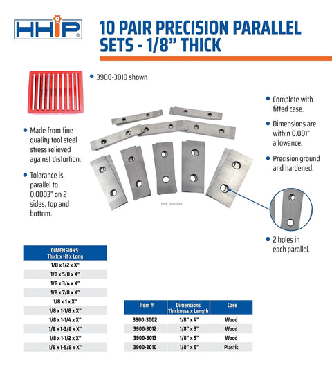 1/8 By 4 Inch 10 Pair Precision Parallel Set For Machinists Pro Grade Ultra High Precision Ground And Hardened Tool Steel 0.0003 Inch Tolerance Built To Last Ideal For Precision Machining, Fixture Alignment, And Setup Reliability For Any Bench