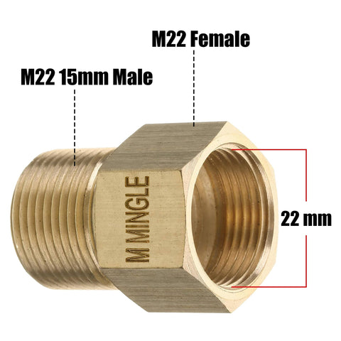 Universal M22 Pressure Washer Coupler Adapter 15mm Male To 14mm Female, 4500 PSI, brass fitting close-up view