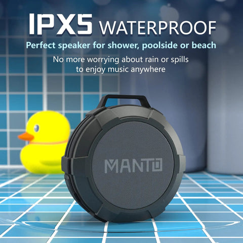 Bluetooth Speaker IPX5 Waterproof Portable Shower Speaker With 12 Hour Battery And Micro SD Playback next to rubber duck