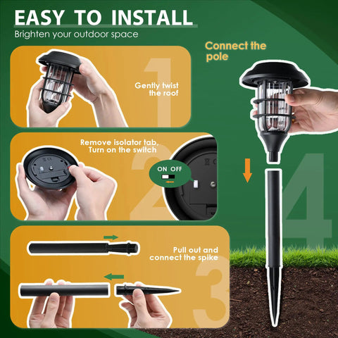 Assembly instructions for Outdoor Solar Pathway Lights 8 Pack Waterproof Landscape Lighting with cold white glow.