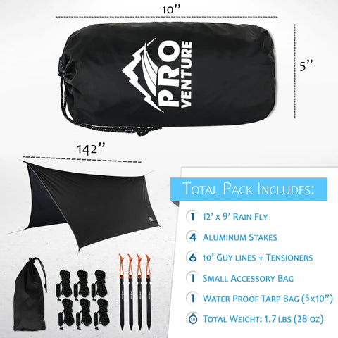 Waterproof Hammock Rain Fly Hex Tarp 12 By 9 Feet with accessories and packaging included