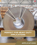 Beefy Steel Strapping For Pallets, One Half Inch Wide, 0.020 Inch Thick, Core 16x3 roll in warehouse with applications label