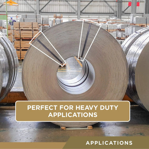 Beefy Steel Strapping For Pallets, One Half Inch Wide, 0.020 Inch Thick, Core 16x3 roll in warehouse with applications label