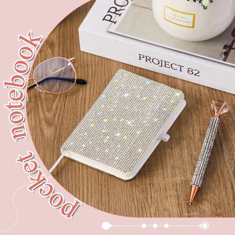 Bling Rhinestone Notebook Set Glitter Pocket Journal With Crystal Pen Mini Diamond Diary Hardcover For Women A6 Size Silver