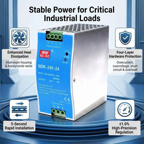 Bulletproof Din Rail Power Supply Delivering Rock Solid 240W Output At 24V And Ten Amps For Led Lighting Cctv Cameras And Cnc Machines Featuring High Efficiency AC To DC Conversion With Plug And Play Reliability Daily, showcased in aluminum housing with honeycomb vents.