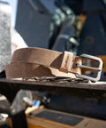 Men's Real Full Grain Saddle Leather Belt Dark Brown Size 40 Heavy Duty Waist Strap on equipment surface.