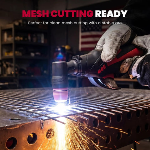 Dual Voltage 110 to 220V 50A Plasma Cutter for DIY and Workshop cutting iron mesh, producing bright sparks.