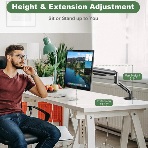 Heavy Duty Single Monitor Mount Arm For 17 To 32 Inch Flat Or Curved Screens Swivel Tilt High Reach Aluminum Desk Stand positioned for height adjustment.