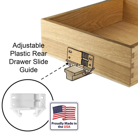 Plug And Play Rear Drawer Slide Guides Four Pack For One Quarter Inch Rails T Shape Center Mount Wood Track Adjustable plastic guide in drawer.
