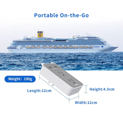 4 In 1 Outlet Extender With Phone Cradle, Dual AC Outlets And 3 USB Ports, shown with cruise ship backdrop, dimensions labeled
