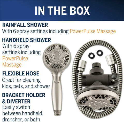 12-Mode 2-In-1 Dual Shower Head System With 5-Foot Hose And PowerPulse Therapeutic Massage Brushed Nickel Finish components