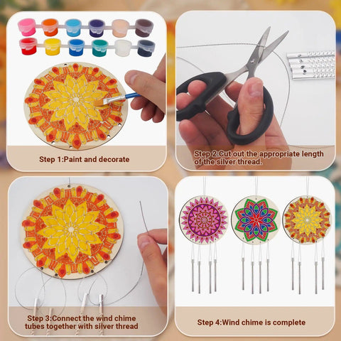 DIY Mandala Wind Chimes Craft Kit for Kids Color Your Own Wind Chimes With Wood Hanging Ornaments 24 Sets assembly steps