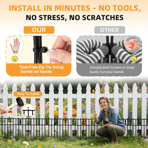 Installation comparison of 1.2 Inch Gap Animal Barrier Fence Panels No Dig Garden Fencing Kit with zip ties near a white picket fence.