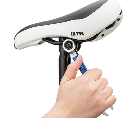 MWR Set Ratcheting Metric Wrench Set With 6mm And 17mm Wrenches in use adjusting bicycle seat with chrome vanadium steel tool.