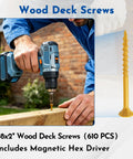 No Drill Hassle Number 8 By 2 Inch Deck Screws With Torx Flat Head And T25 Star Bit Included For Effortless Outdoor Woodwork Exterior Rated Self Tapping Coated Fasteners In Big Bulk Box being used with a power drill.