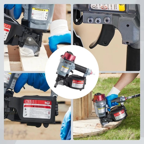 CN55 15 Degree Siding Nailer Coil Type For 1 Inch To 2 And One Quarter Inch Nails shown in use on wood pallets and fencing projects