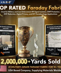 Faraday Fabric Kit With Pro Grade Conductive Tape, fabric displayed with certifications and awards, featuring product highlights and achievements.