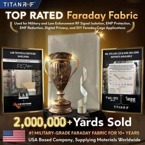 Faraday Fabric Kit With Pro Grade Conductive Tape, fabric displayed with certifications and awards, featuring product highlights and achievements.