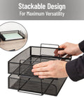 Person assembling Stackable Paper Tray Desk Organizer Set Of 2 With Metal Mesh File Storage For Office Black Ready To Use