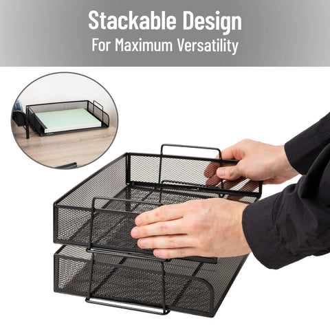 Person assembling Stackable Paper Tray Desk Organizer Set Of 2 With Metal Mesh File Storage For Office Black Ready To Use